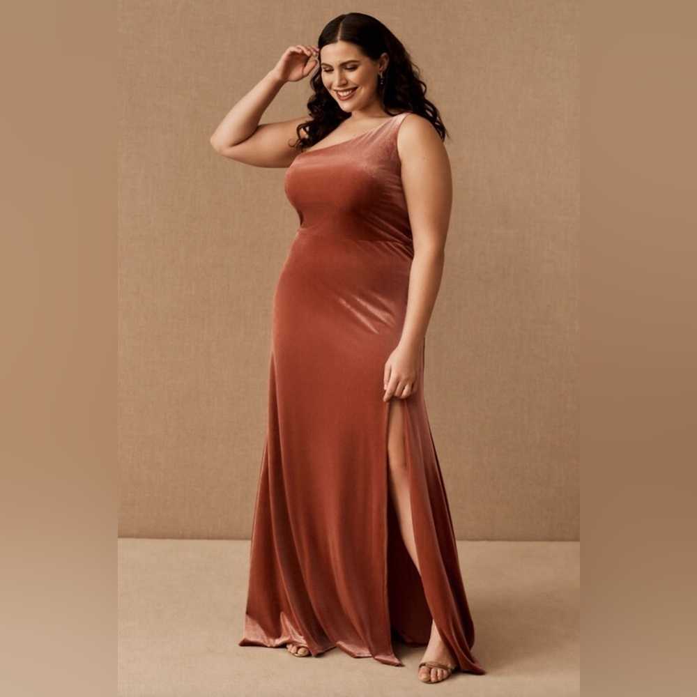 Jenny Yoo Cybill One-Shoulder Velvet Gown in Spice | Size 22 needs Repair